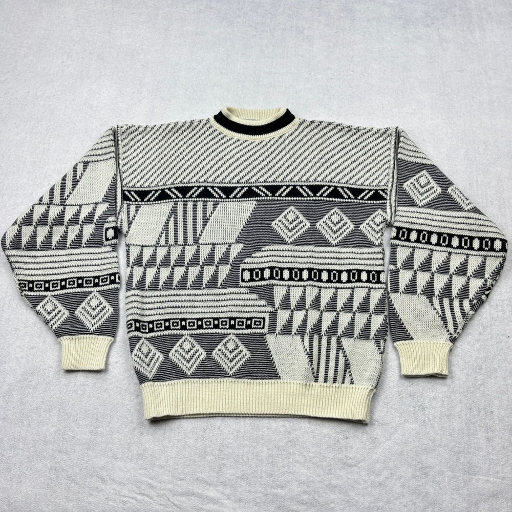 Vintage McGregor Sweater Mens Large Black Cream Geometric Aztec Knit 80s 90s L